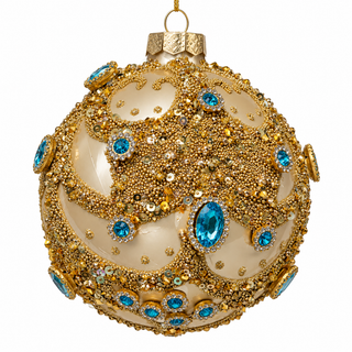 4" Diameter Gold Glass Ball Ornament with Beads and Jewels