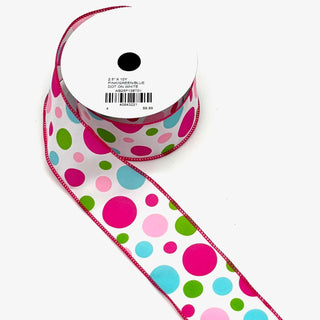 2.5"x10Y PINK/GREEN/BLUE DOT ON WHITE RIBBON