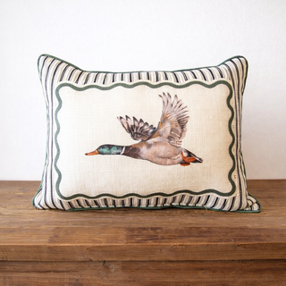 Ticking Mallard Pillow - WREATH Piping