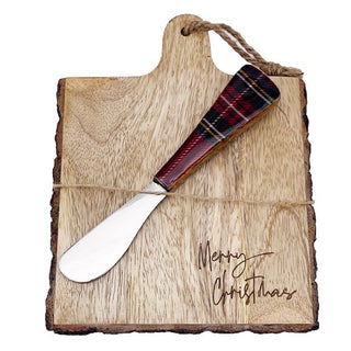 Merry Christmas Bark Edge Serving Board With Red Plaid Enamel Spreader