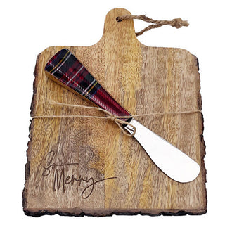 So Merry Bark Edge Serving Board With Red Plaid Enamel Spreader