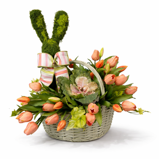 BUNNY IN TULIPS BASKET-ORANGE/GREEN FLORAL DESIGN