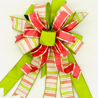 Coral and Green Grass Dupioni Pre-Made Bow