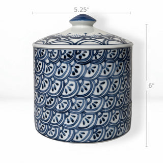 6" BLUE AND WHITE LIME WEDGES PORCELAIN CANDLE CANISTER WITH LID