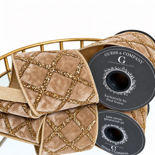 4" GLITTER PRINT ON CAMEL PLUSH VELVET WITH LT GOLD METALLIC DUPION BACK RIBBON