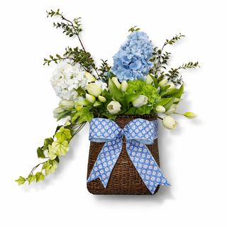 JARAD SIMPSON 25" X 40" BL/GR DOOR HANGER FLORAL DESIGN IN LARGE BASKET WITH BOW