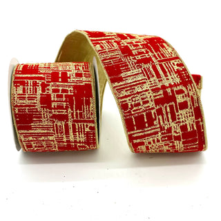 Red with Gold Glitter Design Ribbon, Fused Back 4" X 10 Yards