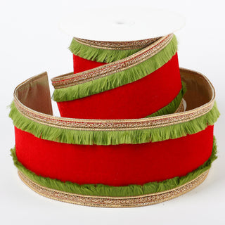 4" X 5 YDS RED VELVET GREEN FRINGE DUPION BACKED RIBBON