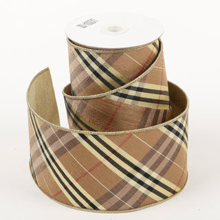 4" X 5 YDS Tan Plaid Dupion Backed Ribbon