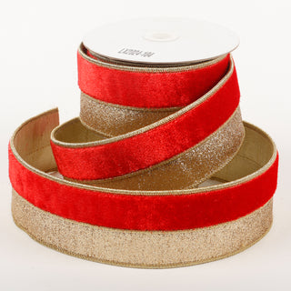 2.5" X 5 YDS RED VELVET/GOLD DUPION BACKED RIBBON