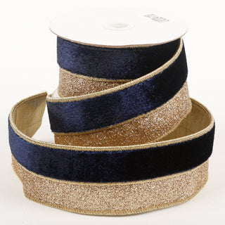 2.5" X 5 YDS NAVY VELVET GOLD GLITTER DUPION BACKED RIBBON