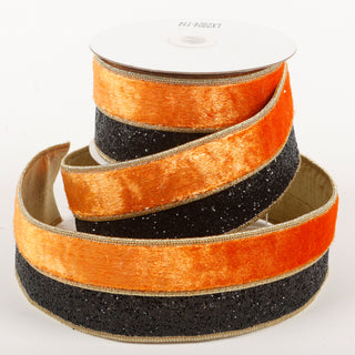 2.5" X 5 YDS ORANGE VELVET/BLACK GLITTER DUPION BACKED RIBBON