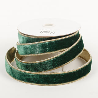 1" X 5 YDS GREEN VELVET GOLD DUPION BACKED RIBBON