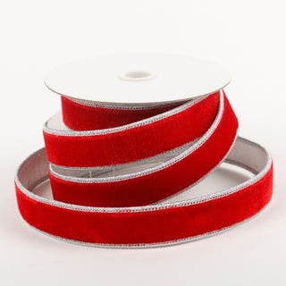 1' X 5 YDS RED VELVET SILVER DUPION BACKING RIBBON