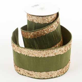 4" X 5 YDS OLIVE WITH GOLD SEQUINED DUPION BACKED RIBBON