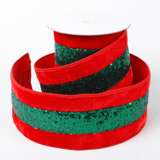 4" X 5 YDS RED VELVET GREEN SEQUINED DUPION BACKED RIBBON