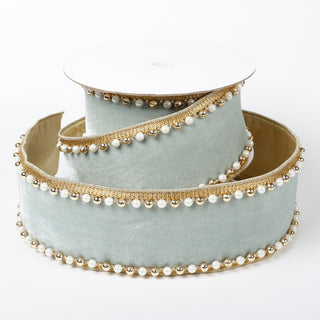 4" X 5 YDS BLUE WITH GOLD AND PEARL BEAD EDGING DUPION BACKED RIBBON