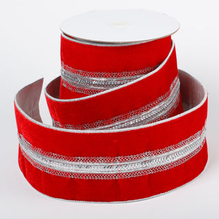 4" X 5 YDS RED VELVET SILVER SEQUINED DUPION BACKED RIBBON