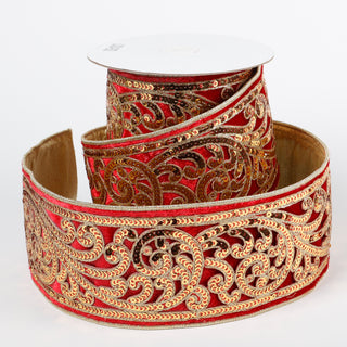 4" X 5 YDS RED VELVET COPPER SEQUINED EMBROIDERED DUPION BACKED RIBBON