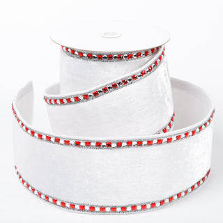 4" X 5 YDS WHITE VELVET WITH RED/MIRRORED BEADED EDGING DUPION BACKED RIBBON