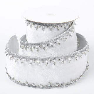 4" x 5 YDS WHITE VELVET WITH JEWELED SILVER EDGING DUPION BACKED RIBBON