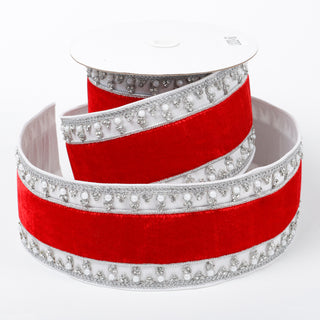 4" X 5 YDS RED/WHITE WITH PEARL AND JEWELED EDGING DUPION BACKED RIBBON