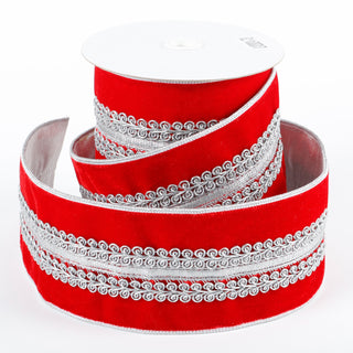 4" X 5 YDS RED VELVET SILVER EMBROIDERED DUPION BACKED RIBBON