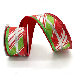 Red, Green and White Plaid with Glitter Stripes Ribbon, Fused Back 2.5 X 5 Yards