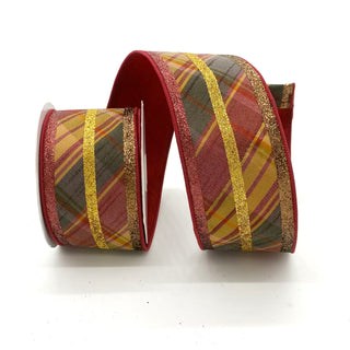 Maroon and Green Plaid with Glitter Stripes Ribbon, Fused Back 2.5 X 5 Yards