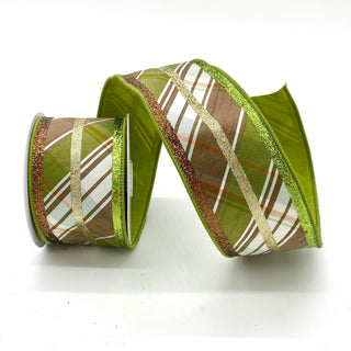 Brown and Green Plaid with Glitter Stripes Ribbon, Fused Back 2.5 X 5 Yards