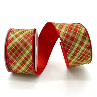 Red and Green Diagonal Plaid Ribbon, Fused Back 2.5" X 10 Yards