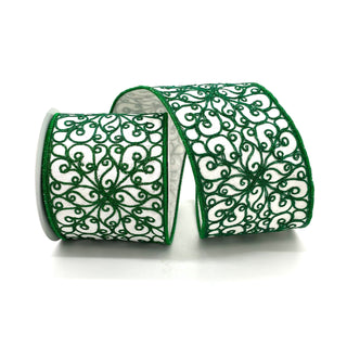 White with Green Glitter Design Ribbon 4" X 5 Yards