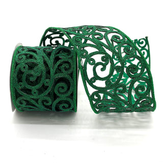 Green Glitter Lace Design Ribbon 4" X 5 Yards