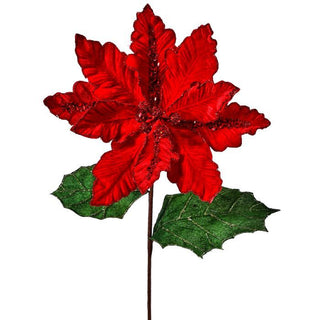 28.5" Deluxe Red Velvet Poinsettia Stem, Red