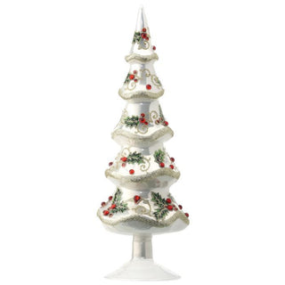 12" GLASS LAYERED TREE W/HOLLY & BERRIES