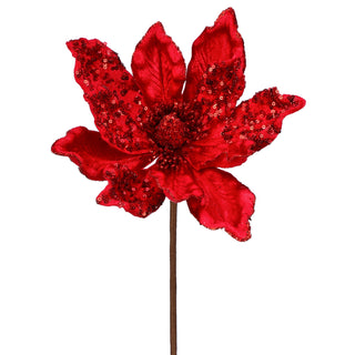 24" RED VELVET SHEEN/SEQUINS MAGNOLIA STEM