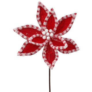 22" RED/WHT CANDY W/SNOWGLITTER POINSETTIA STEM