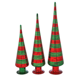 14" - RED/GRN GLASS W/GLITTER STRIPE TREE (MEDIUM)