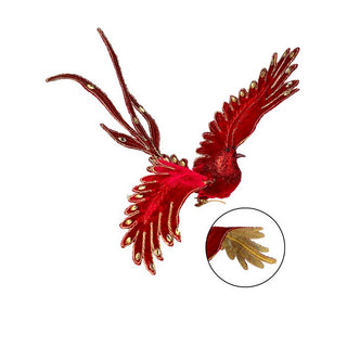 10" Velvet Gilded Bird Clip Ornament, Red