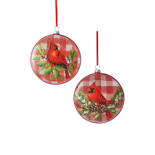 5" GLS PLAID CARDINAL DISK ORNAMENT (LOOKING RIGHT)
