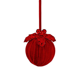 5" VELVET SEQUIN VELVET BALL W/HOLLY ORNAMENT