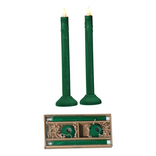 10" LED Timer Flocked Taper Candle Box of 2, Green