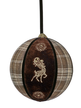 8" PLAID DEER VELVET BALL ORNAMENT-CHOC