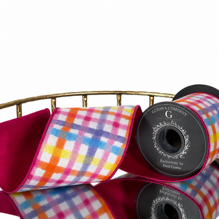 4"X5YD SPRING STRIPE ON WHITE POLY COTTON WITH FUCHSIA DUPION BACK