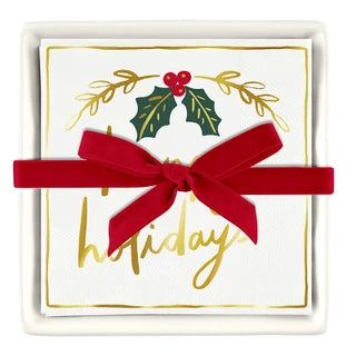 HAPPY HOLIDAYS CERAMIC TRAY AND NAPKINS GIFT SET