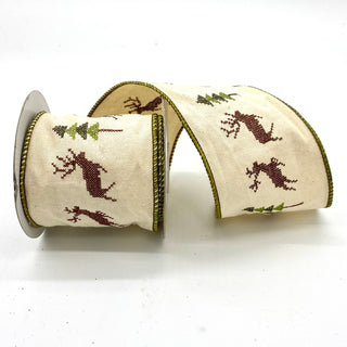 Tan with Reindeer and Trees Ribbon 4" X 5 Yards