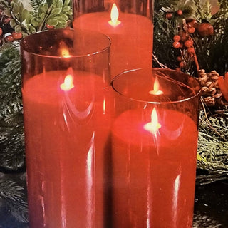 Set of 3 Moving Flame LED Glass Pillars - Red Colored Glass & Wax - 3" x 8",-10" & 12" - Remote Included