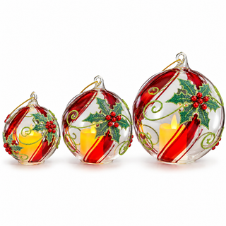 4.5 Inch Painted and Seed Beaded Holly Glass LED Flicker Flame Ornament