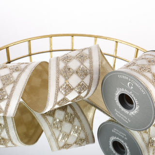 4"X 5 YD WHITE VELVET WITH GOLD DIAMOND DUPION BACKED RIBBON