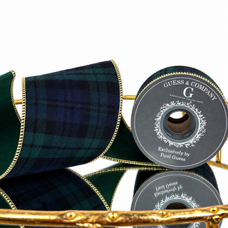 4"X5YD BLACKWATCH TARTAN PLAID WITH GOLD EDGE AND DARK GREEN DUPION BACK RIBBON